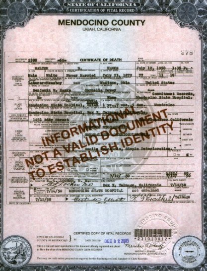 Walter Dewey Hanks Death Certificate